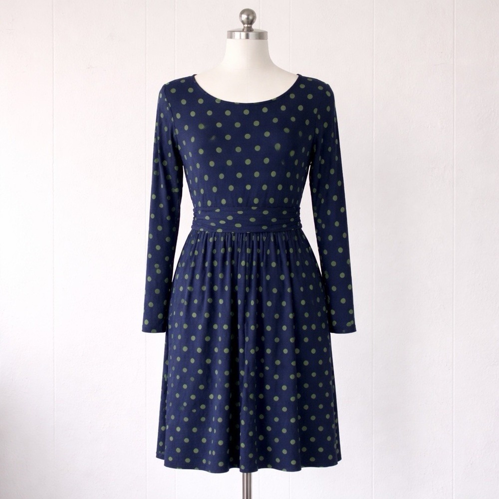Boden Womens 10 Dress Polka Dot Navy Blue Green Long Sleeve Pockets Jersey